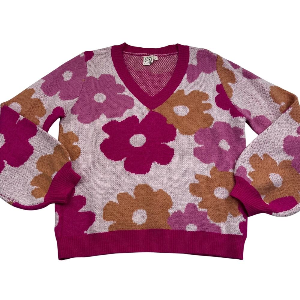 Grace & Emma Floral Retro Vibes Daisy Knit V-Neck Pullover Sweater Women's M
